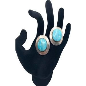 Vintage Sterling Silver Inlaid Turquoise Mosaic Midcentury Clip On Earrings